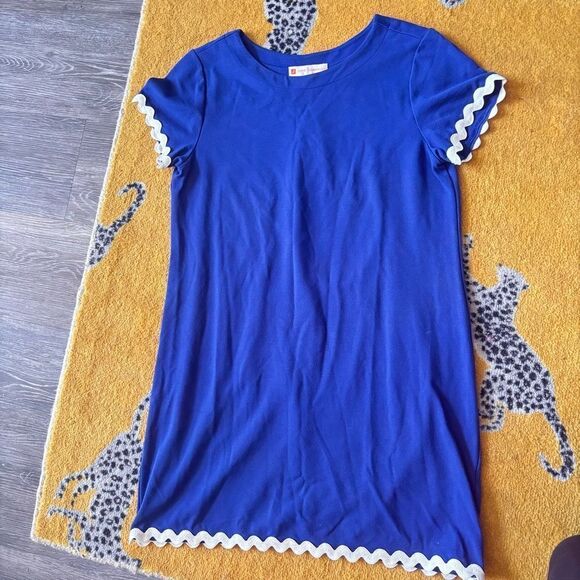 Jude Connally Ella Ric Rac Blue White Short Sleeve Round Neck Shift Dress S - Picture 2 of 5